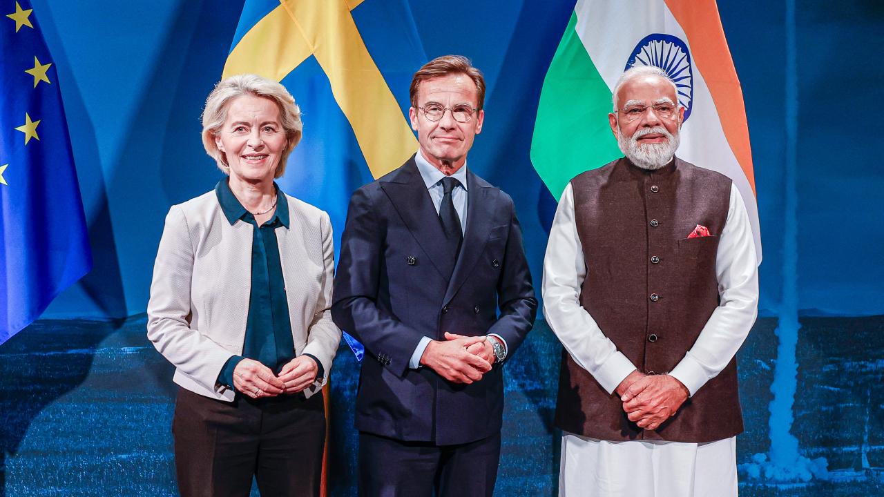 EU-kommissionens ordförande Ursula von der Leyen, statsminister Ulf Kristersson och Indiens premiärminister Narendra Modi.