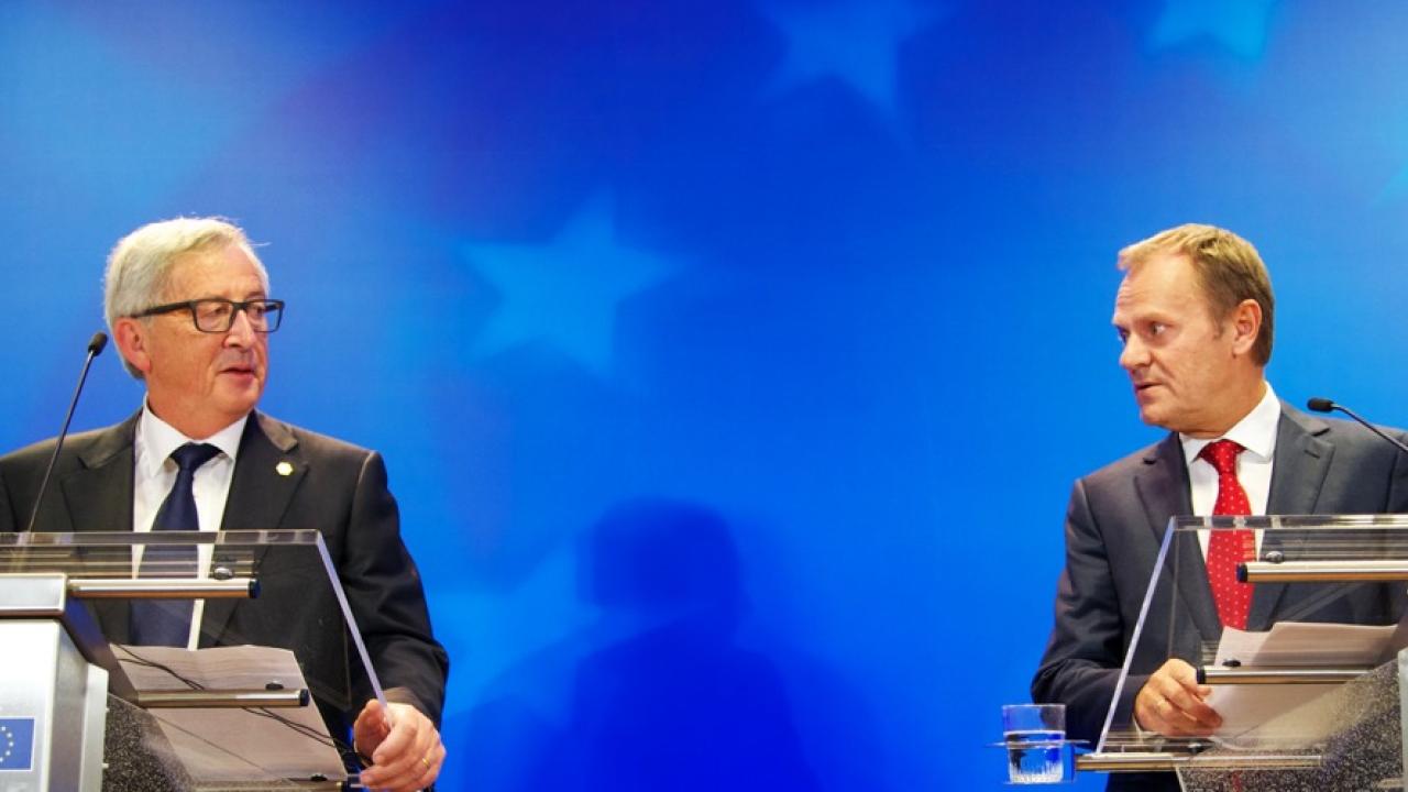 EU-kommissionens ordförande Jean-Claude Juncker och Europeiska rådets ordförande Donald Tusk efter mötet. 
