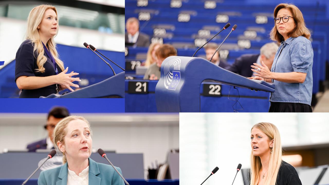 Övre raden från vänster: Beatrice Timgren (SD) och Jessica Polfjärd (M). Nedre raden: Hanna Gedin (V) och Sofie Eriksson (S).