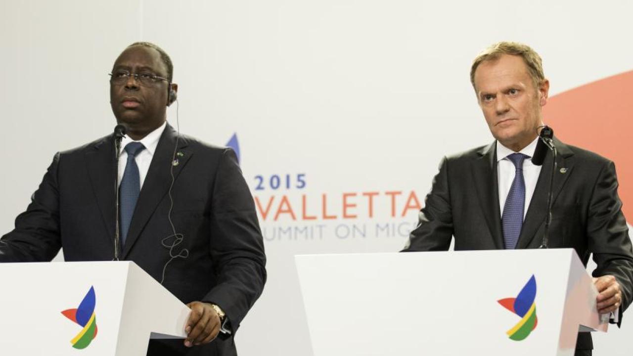 Senegals president Macky Sall och Europeiska rådets ordförande Donald Tusk på gemensamt toppmöte om migration mellan EU och 23 afrikanska stater. Senegals president Macky Sall och Europeiska rådets ordförande Donald Tusk på gemensamt toppmöte om migration mellan EU och 23 afrikanska stater.