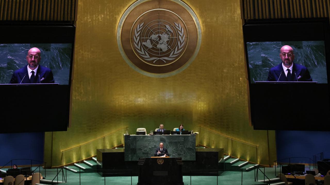 Europeiska rådets ordförande Charles Michel talar inför FN:s generalförsamling.