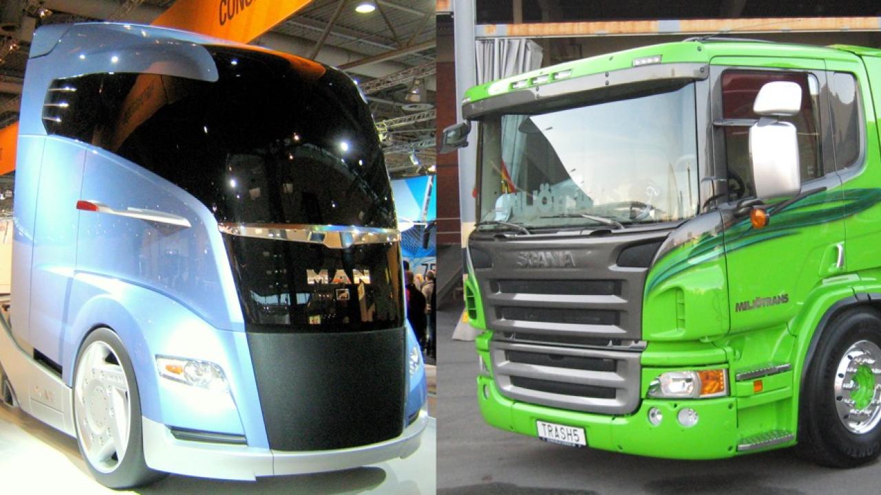 Till vänster en lastbil som de skulle kunna se ut med de nya reglerna och till höger en lastbil enligt de gamla, nuvarande reglerna.