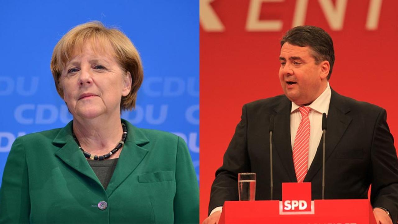 Den tyska förbundskanslern Angela Merkel och socialdemokraternas partiordförande Sigmar Gabriel. Arkivbild.