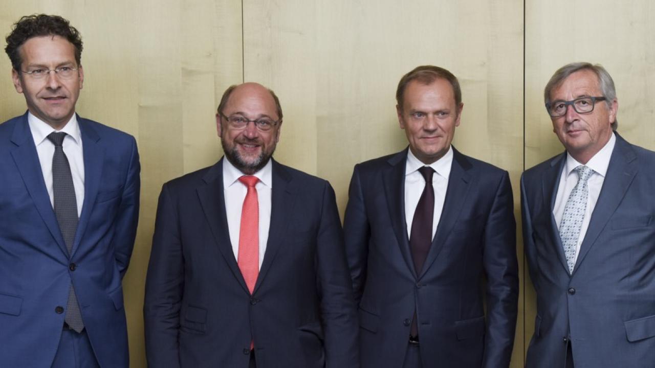 Fyra av de fem EU-ledarna bakom rapporten: Eurogruppens Jeroen Dijsselbloem, EU-parlamentets Martin Schulz, Europeiska rådets Donald Tusk och EU-kommissionens Jean-Claude Juncker.
