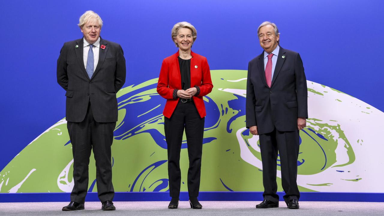 Storbritanniens premiärminister Boris Johnson, EU-kommissionens ordförande Ursula von der Leyen och FN:s generalsekreterare António Guterres på FN:s klimattoppmöte i Glasgow.