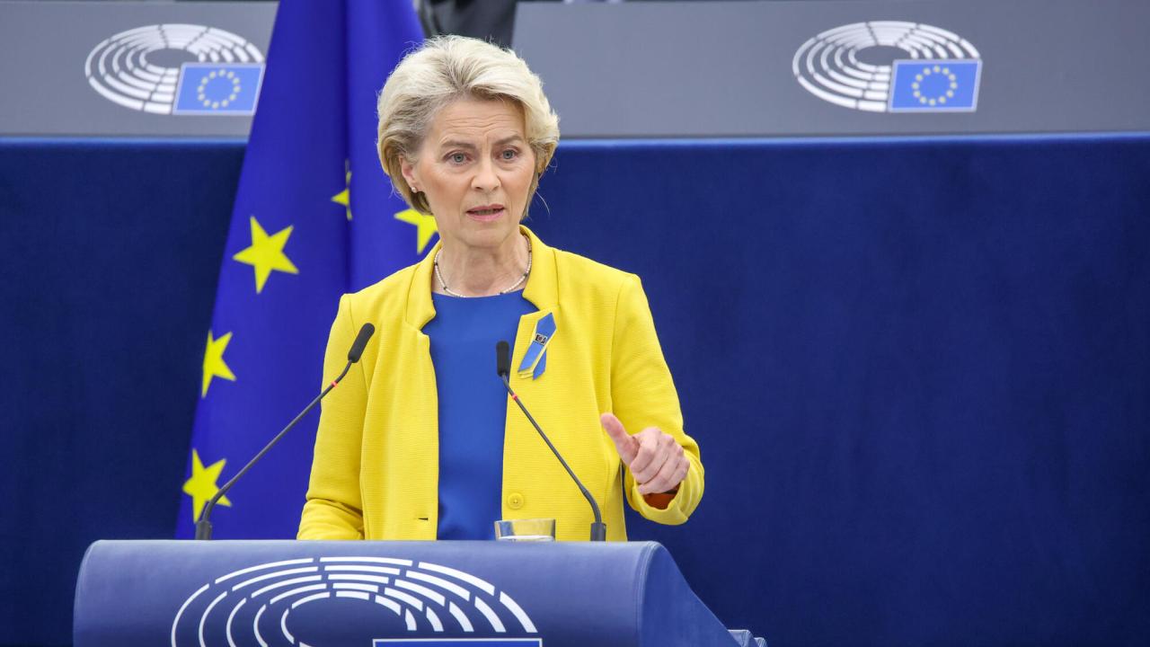 EU-kommissionens ordförande Ursula von der Leyen på onsdagen vid sitt årliga tal om tillståndet i unionen i EU-parlamentet i Strasbourg. 