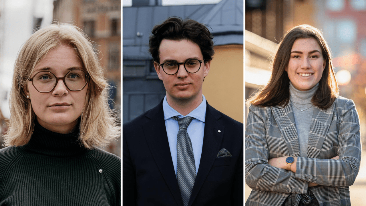 Linnea Dubois, Johannes Nathell och Clara Falkenek från Fria Moderata Studentförbundet efterlyser en mer proaktiv EU-hållning från regeringen.