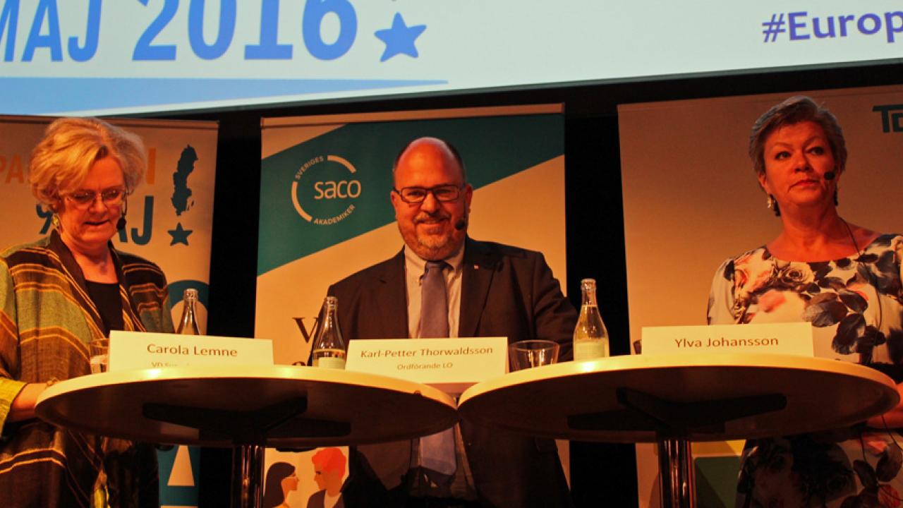 Svenskt Näringslivs vd Carola Lemne, LO:s ordförande Karl-Petter Thorwaldsson och arbetsmarknadsminister Ylva Johansson (S).