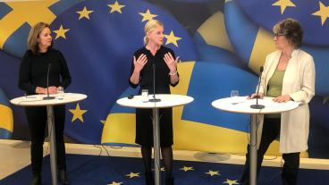 Sara Lowemark och Anna Stellinger på Svenskt Näringsliv redogör för organisationens EU-prioriteringar, journalist Annika Ström Melin modererar. 