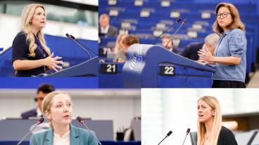 Övre raden från vänster: Beatrice Timgren (SD) och Jessica Polfjärd (M). Nedre raden: Hanna Gedin (V) och Sofie Eriksson (S).