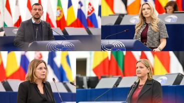 Övre raden Adnan Dibrani (S) och Beatrice Timgren (SD). Andra raden: Isabella Lövin (MP) och Karin Karlsbro (L).