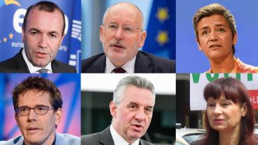 De sex toppkandidaterna. Ovan från vänster: Manfred Weber, Frans Timmermans, Margrethe Vestager. Under från vänster: Bas Eickhout, Jan Zahradil, Violeta Tomič.