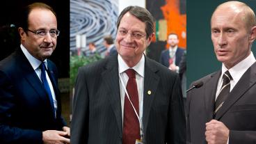 Tre presidenter: Frankrikes François Hollande, Cyperns Nicos Anastasiades och Rysslands Vladimir Putin. Tre presidenter: Frankrikes François Hollande, Cyperns Nicos Anastasiades och Rysslands Vladimir Putin.