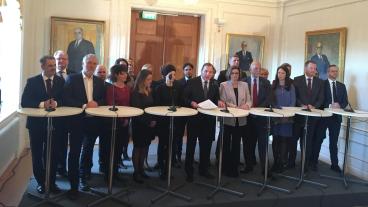 Nya regeringen Löfvens första presskonferens i riksdagshuset 21 januari 2019.