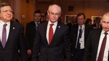 Europeiska rådets ordförande Herman Van Rompuy, EU-kommissionens ordförande och Rysslands president Vladimir Putin. Arkivbild.
