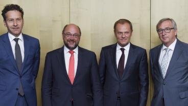 Fyra av de fem EU-ledarna bakom rapporten: Eurogruppens Jeroen Dijsselbloem, EU-parlamentets Martin Schulz, Europeiska rådets Donald Tusk och EU-kommissionens Jean-Claude Juncker.