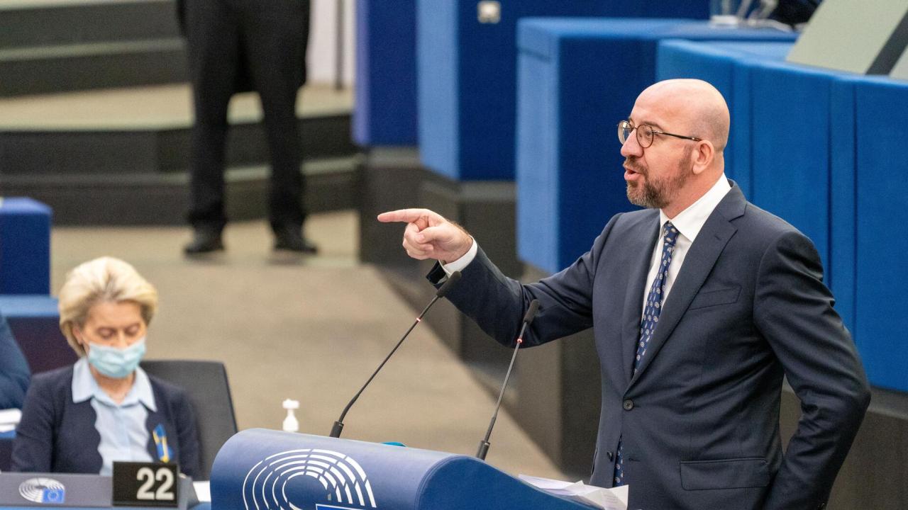 Europeiska rådets ordförande Charles Michel under onsdagens debatt i EU-parlamentet