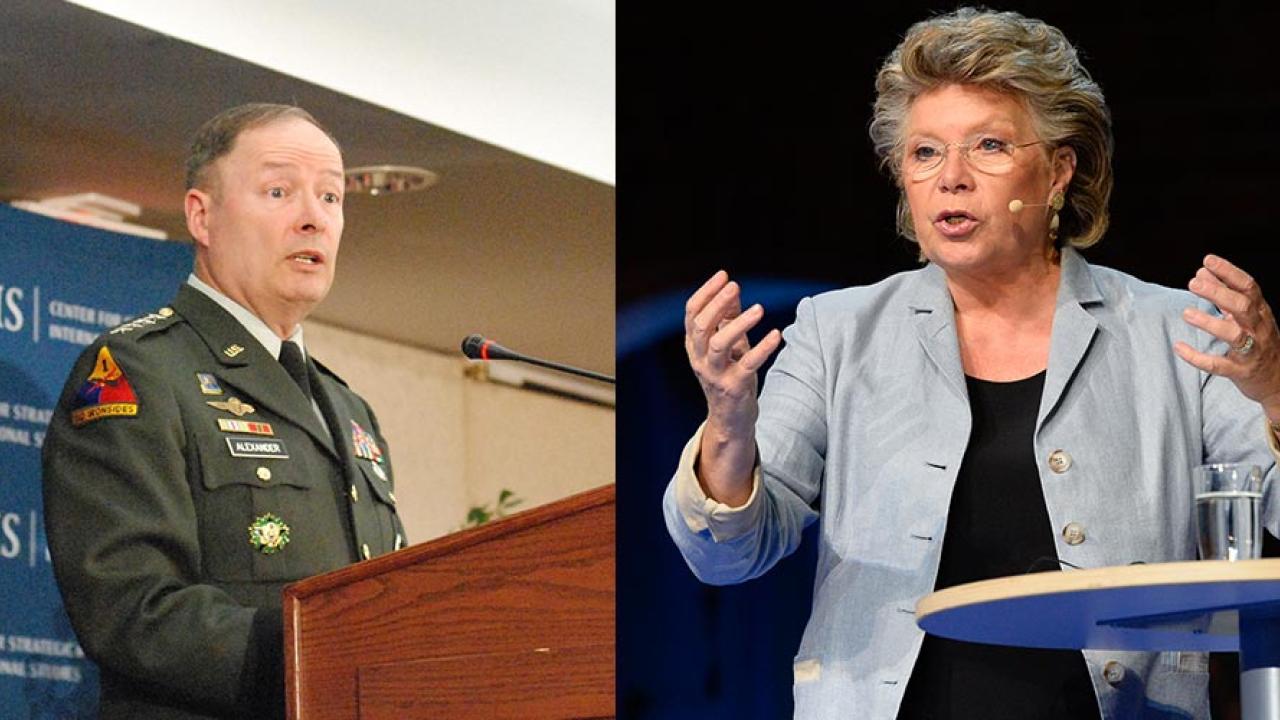 Keith Alexander, chef för amerikanska säkerhetsmyndigheten NSA och EU:s justitiekommissionär Viviane Reding.