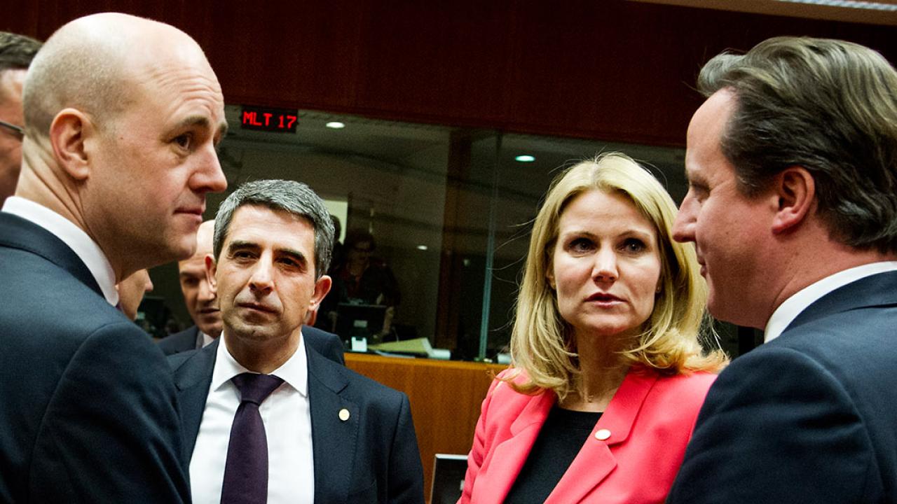 Fredrik Reinfeldt tillsammans med Bulgariens Rosen Plevneliev, Danmarks Helle Thorning-Schmidt och Storbritanniens David Cameron under EU-toppmötet i mars 2013.