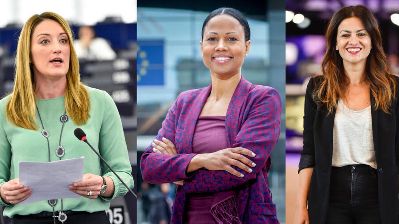 Tre av fyra kandidater till talamansposten är kvinnor: Roberta Metsola (EPP), Alice Bah Kuhnke (De gröna) och Sira Rego (Vänstergruppen). (Bild på Kosma Złotowski (ECR) ej tillgänglig)