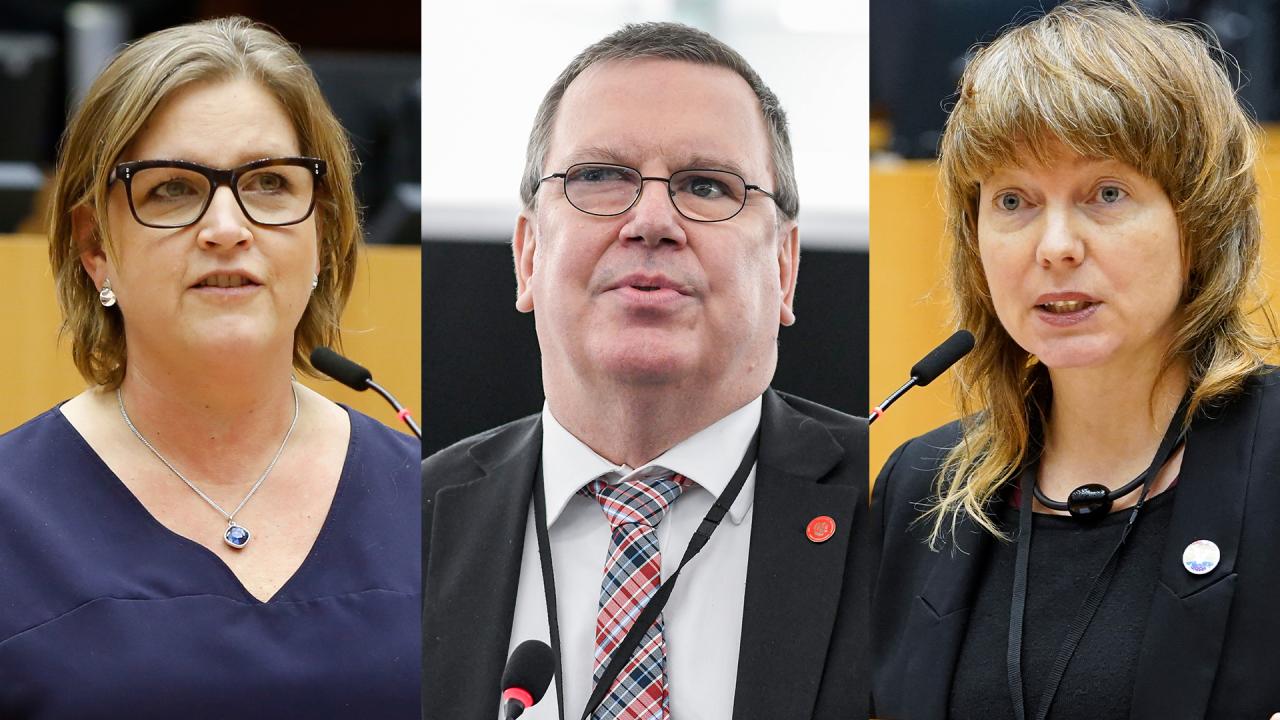 Europaparlamentarikerna Karin Karlsbro (L), Erik Bergkvist (S) och Malin Björk (V).