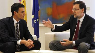 Socialdemokratiska PSOE:s ledare Pedro Sánchez och konservativa PP:s ledare och tillsvidare premiärminister Mariano Rajoy. Arkivbild.