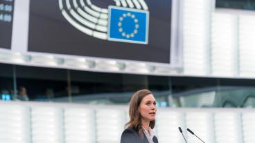 Finlands socialdemokratiska statsminister Sanna Marin talar i EU-parlamentet på tisdagen. 