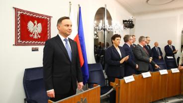 Polens sittande president Andrzej Duda i parlamentets överhus, senaten. Arkivbild.