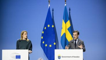 Europaparlamentets talman Roberta Metsola och statsminister Ulf Kristersson (M) på presskonferens i Stockholm på onsdagen. Statsministern: vi är en proeuropeisk regeringen.