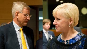Sveriges utrikesministrar under 2014 Carl Bildt (M) och Margot Wallström (S). Arkivbilder.