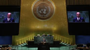 Europeiska rådets ordförande Charles Michel talar inför FN:s generalförsamling.