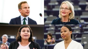 Överst: Tomas Tobé (M) och Heléne Fritzon (S). Nedan: Abir Al-Sahlani (C) och Alice Bah Kuhnke (MP)