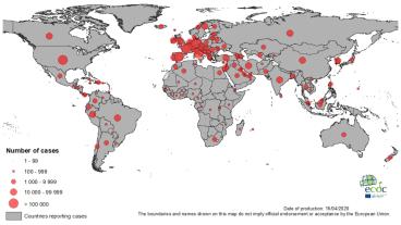 Antal rapporterade smittade i av covid-19 per land, den 16 april 2020, sammanställt av Europeiska centrumet för förebyggande och kontroll av sjukdomar (ECDC).  