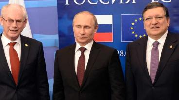 Europeiska rådets ordförande Herman van Rompuy, Rysslands president Vladimir Putin och EU-kommissionens ordförande Jo´se Manuel Barroso. Arkivbild.
