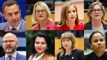 Europaparlamentariker Tomas Tobé (M), Helene Fritzon (S), Sara Skyttedal (KD) Karin Karlsbro (L). Nedre raden Charlie Weimers (SD), Abir Al-Sahlani (C) och Malin Björk (V) och Alice Bah Kuhnke (MP).