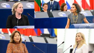 Övre raden: Hanna Gedin (V), Abir Al-Sahlani (C). Nedre raden: Jessica Polfjärd (M), Beatrice Timgren (SD).